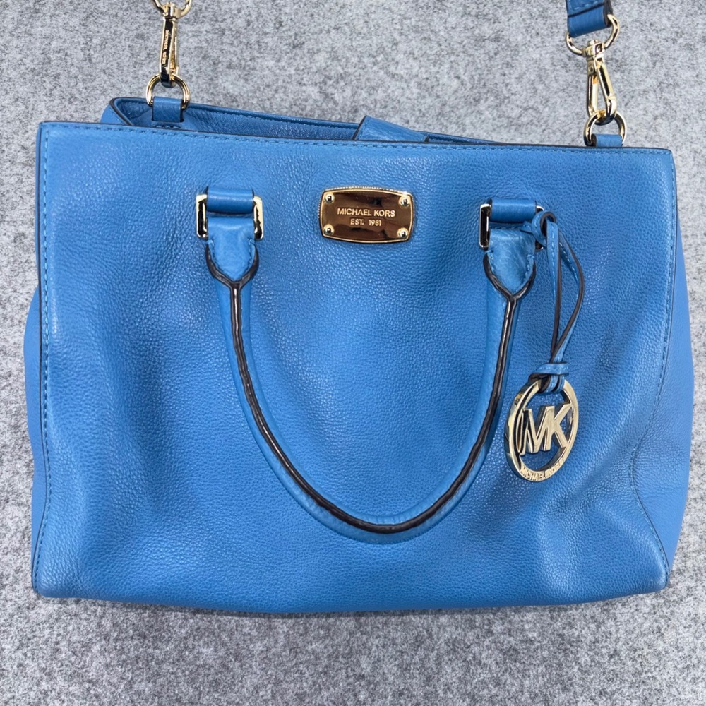 Michael Kors Savannah Medium Satchel Pebbled Leather Blue Gold Hardware